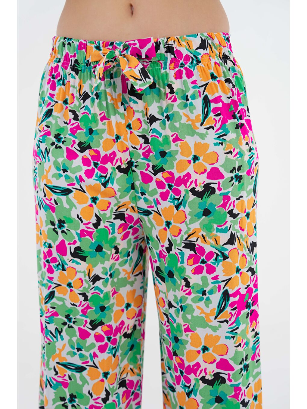 Karışık Çok Renkli Kadın Desenli Beli Lastikli Bağlamalı Bol Paça Dokuma Pantolon - Viskon-5