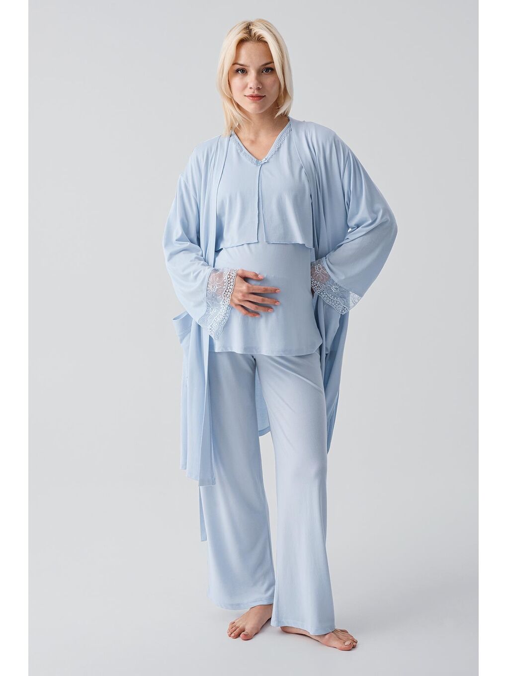 Mavi Truvakar Kollu Dantelli Düğmeli Esnek Viskoz Hamile Sabahlık Pijama Takım 19301
