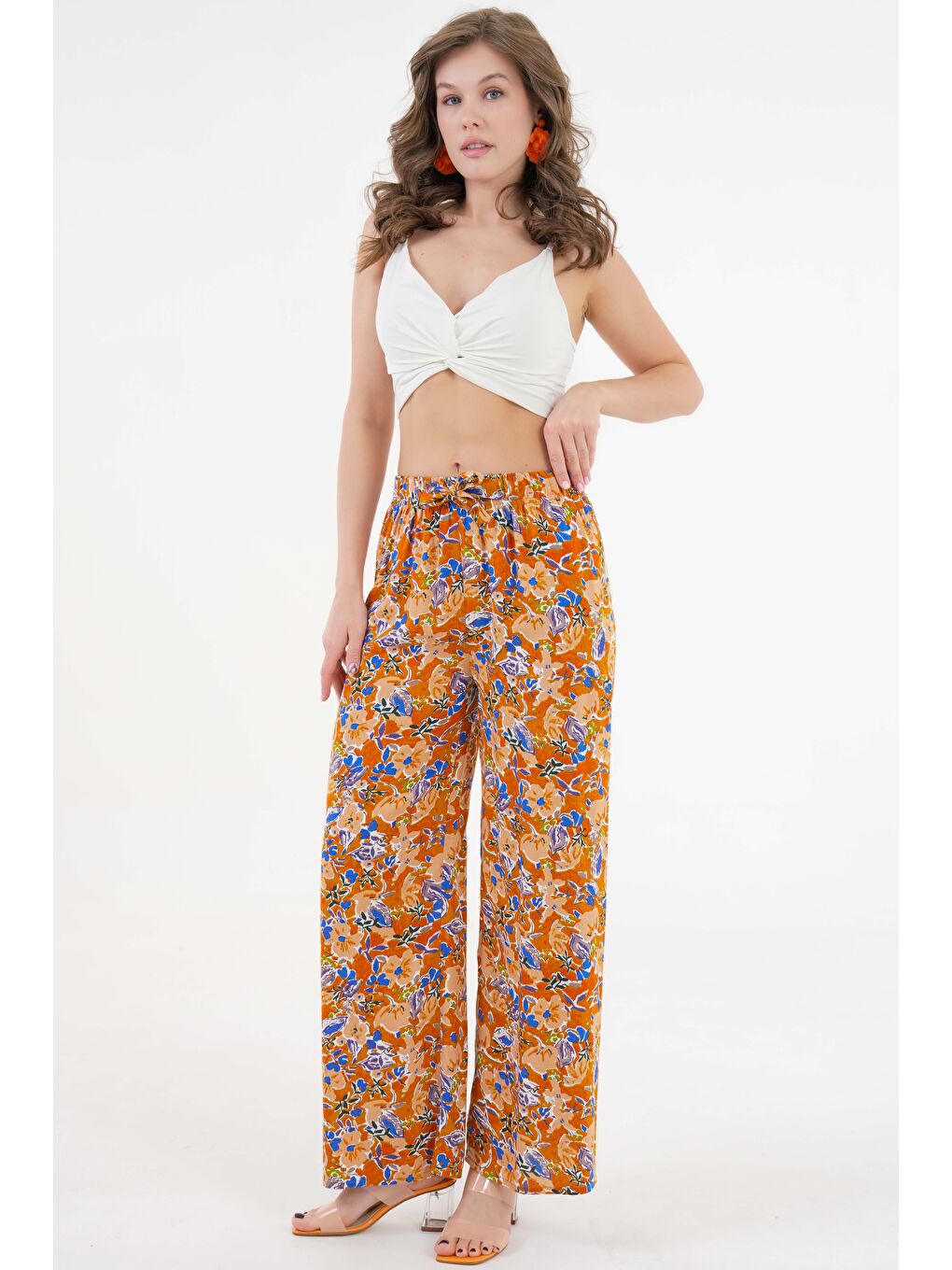 Kahverengi Kamel Kadın Desenli Beli Lastikli Bağlamalı Bol Paça Dokuma Pantolon - Viskon-2