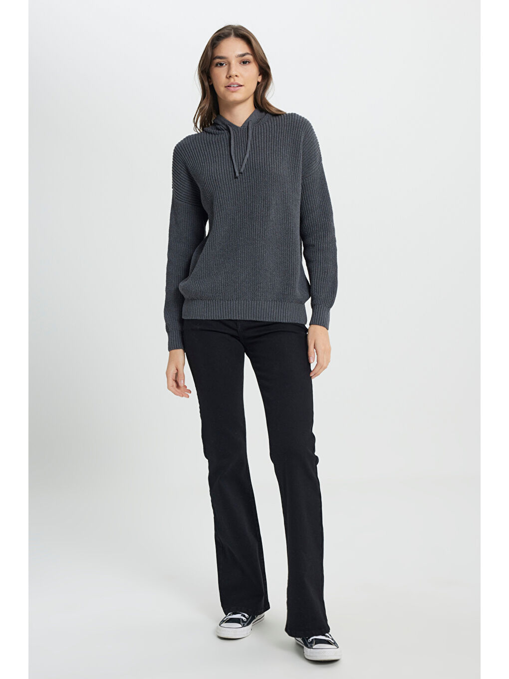 Gri Relaxed Fit Geniş Kesim Kapüşonlu Antrasit Triko Kazak-3