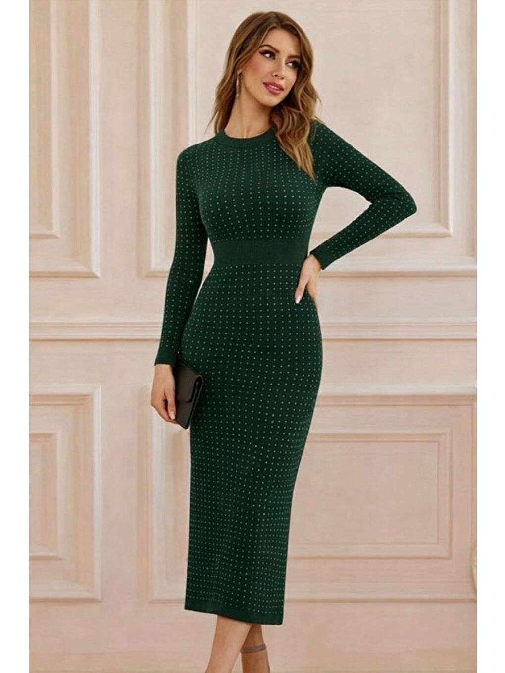 Yeşil Kadın Uzun Kollu Bisiklet Yaka Taşlı Midi Kadife Elbise-2