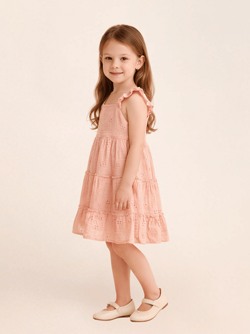 Pembe Kare Yaka Kısa Kollu Kız Çocuk Elbise-1