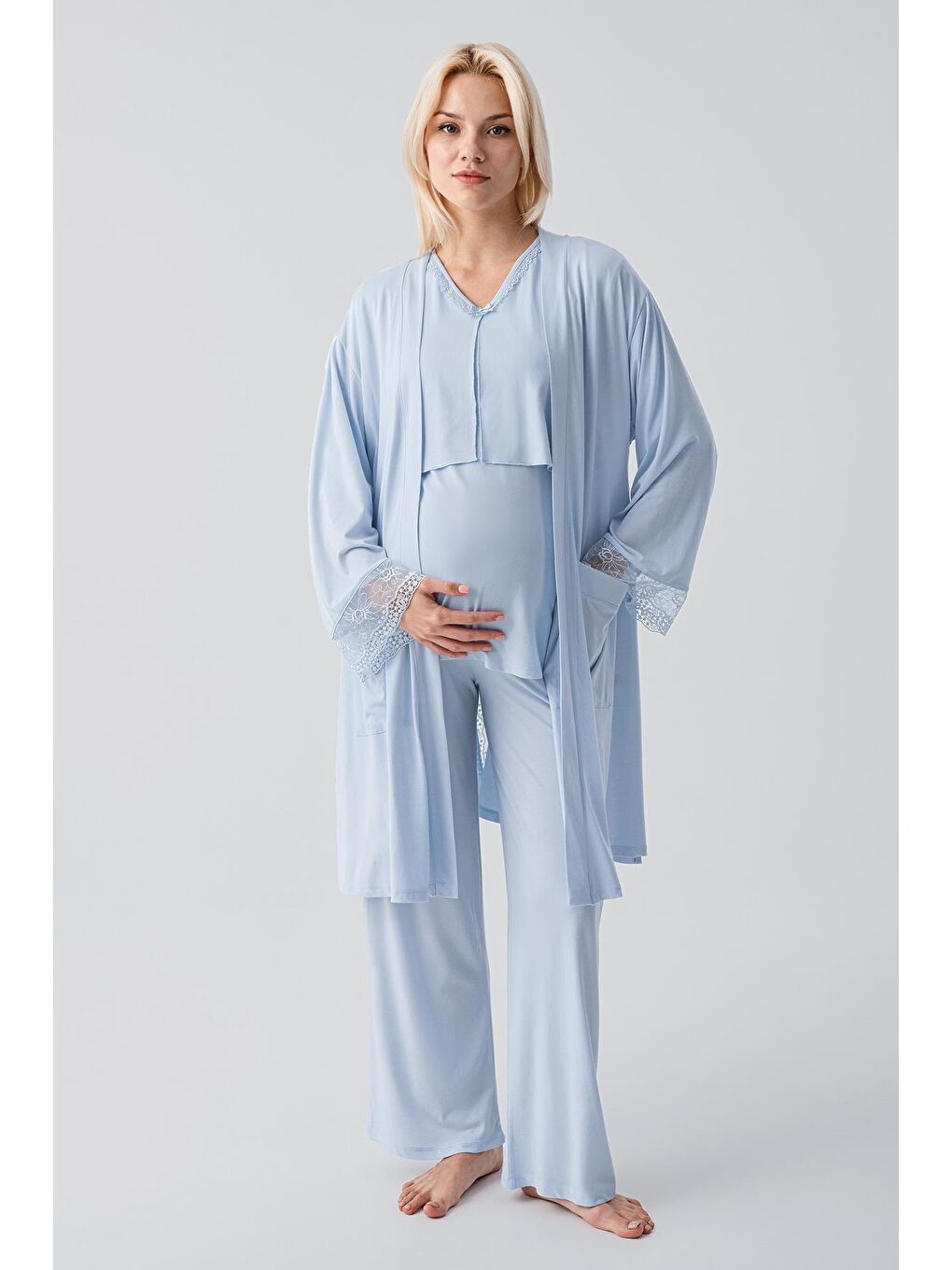 Mavi Truvakar Kollu Dantelli Düğmeli Esnek Viskoz Hamile Sabahlık Pijama Takım 19301-1