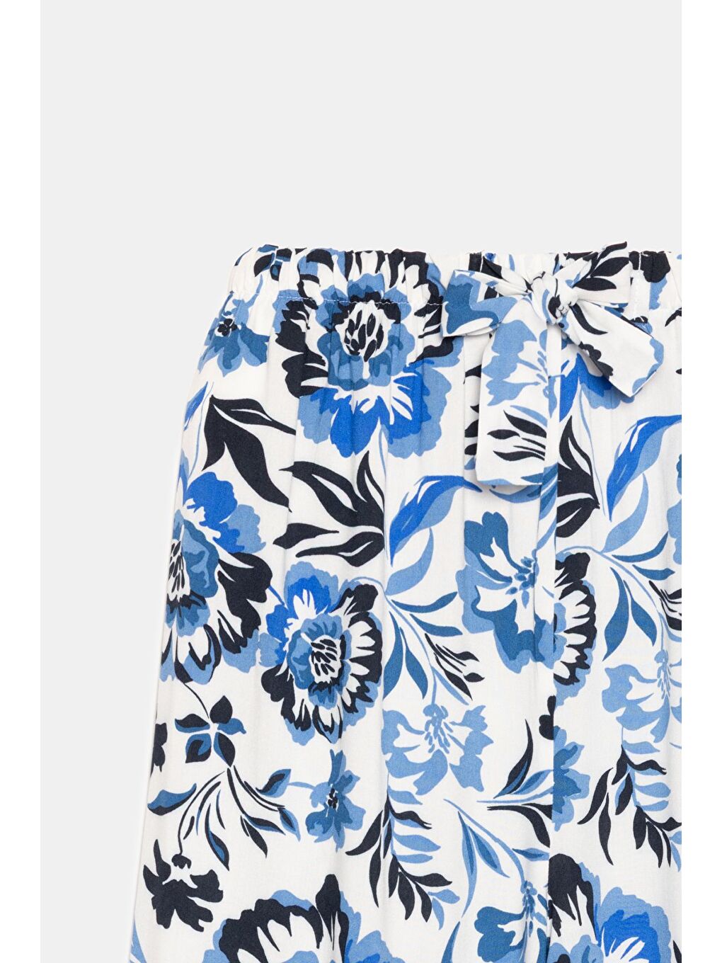 Mavi Çiçekli Kadın Desenli Beli Lastikli Bağlamalı Bol Paça Dokuma Pantolon - Viskon-3