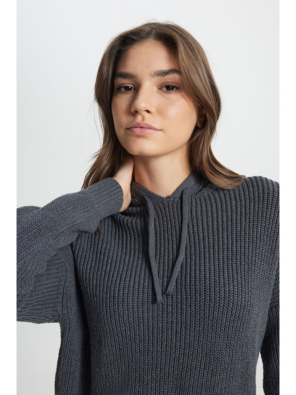 Gri Relaxed Fit Geniş Kesim Kapüşonlu Antrasit Triko Kazak-4