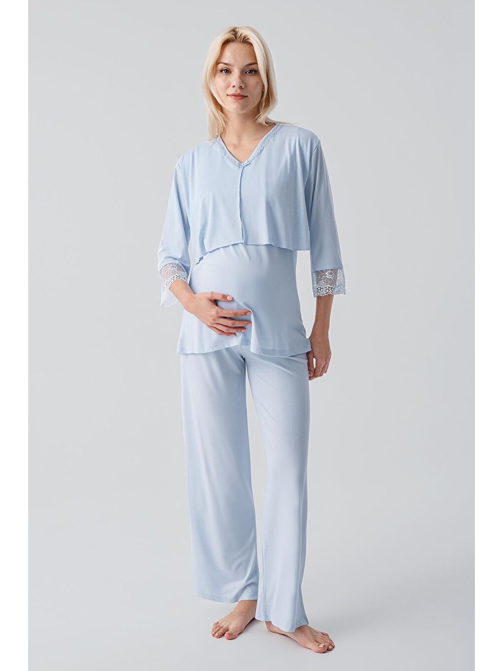 Mavi Truvakar Kollu Dantelli Düğmeli Esnek Viskoz Hamile Sabahlık Pijama Takım 19301-2