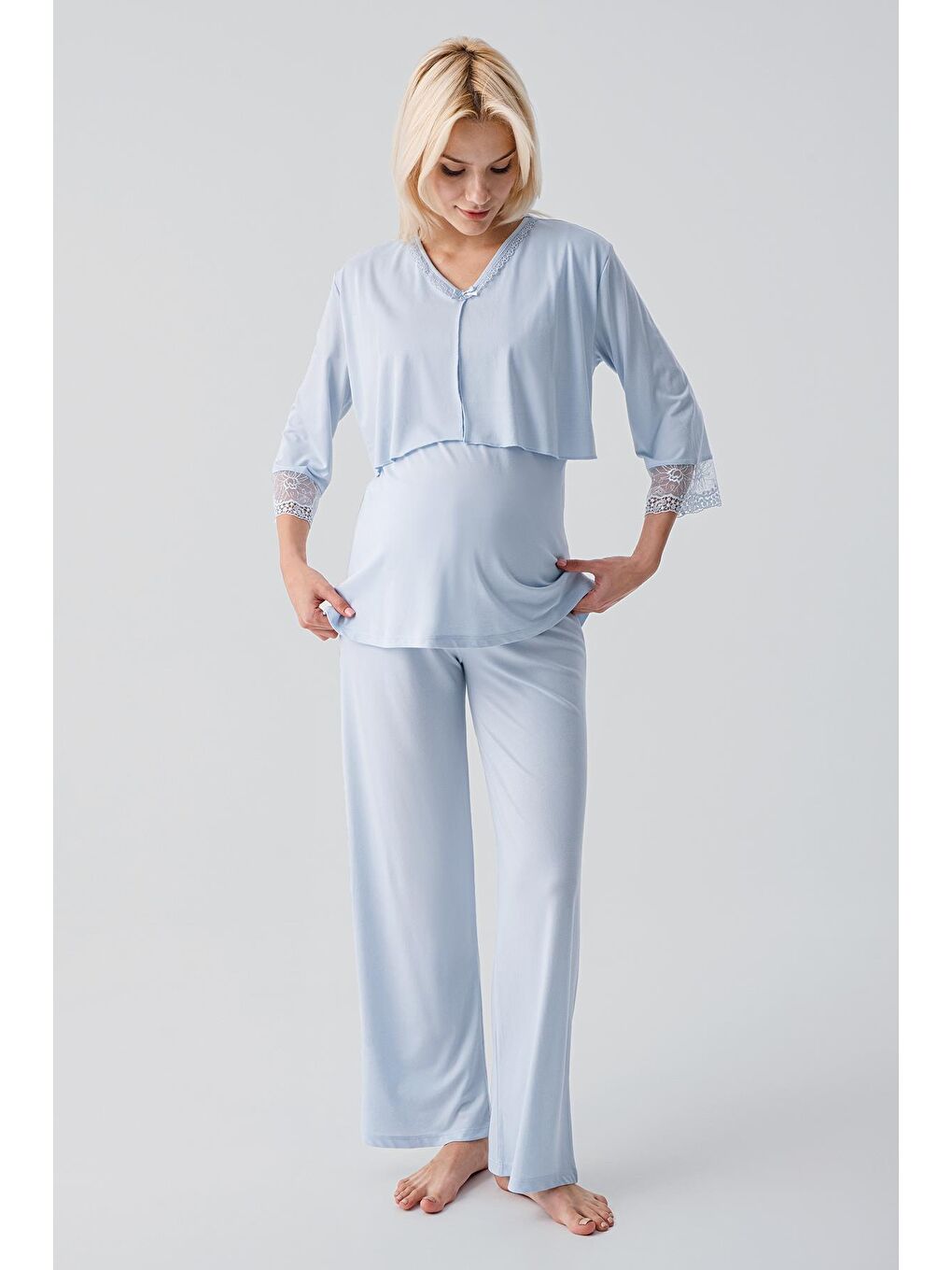 Mavi Truvakar Kollu Dantelli Düğmeli Esnek Viskoz Hamile Sabahlık Pijama Takım 19301-3