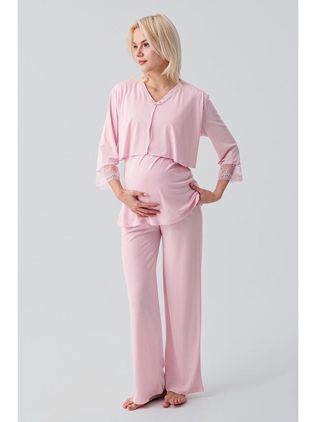 Pembe Truvakar Kollu Dantelli Düğmeli Esnek Viskoz Hamile Sabahlık Pijama Takım 19301-1