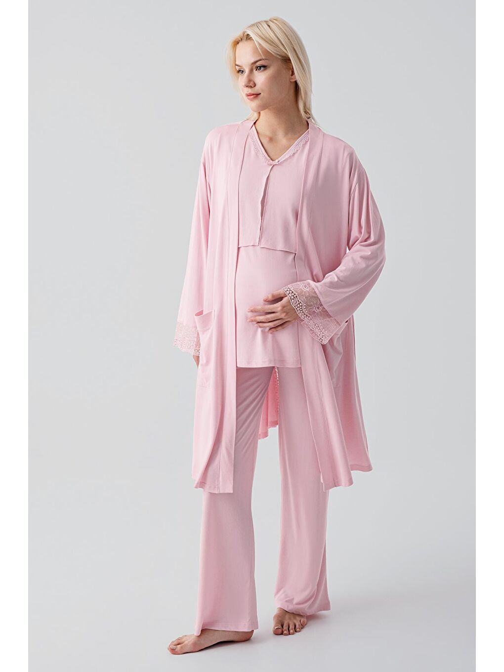 Pembe Truvakar Kollu Dantelli Düğmeli Esnek Viskoz Hamile Sabahlık Pijama Takım 19301-2