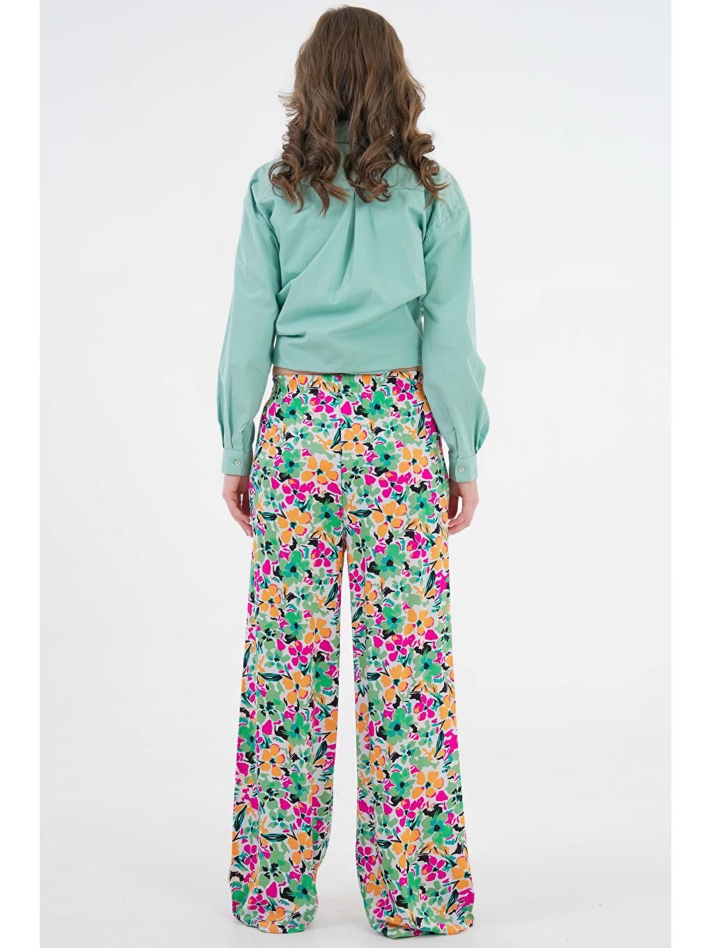 Karışık Çok Renkli Kadın Desenli Beli Lastikli Bağlamalı Bol Paça Dokuma Pantolon - Viskon-6