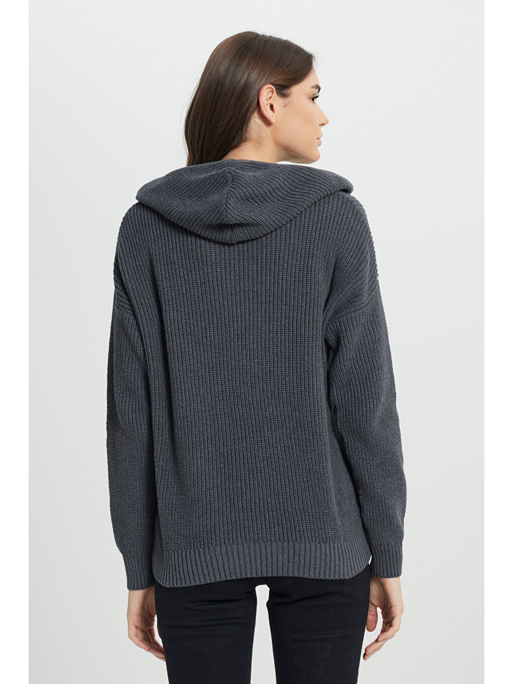 Gri Relaxed Fit Geniş Kesim Kapüşonlu Antrasit Triko Kazak-5