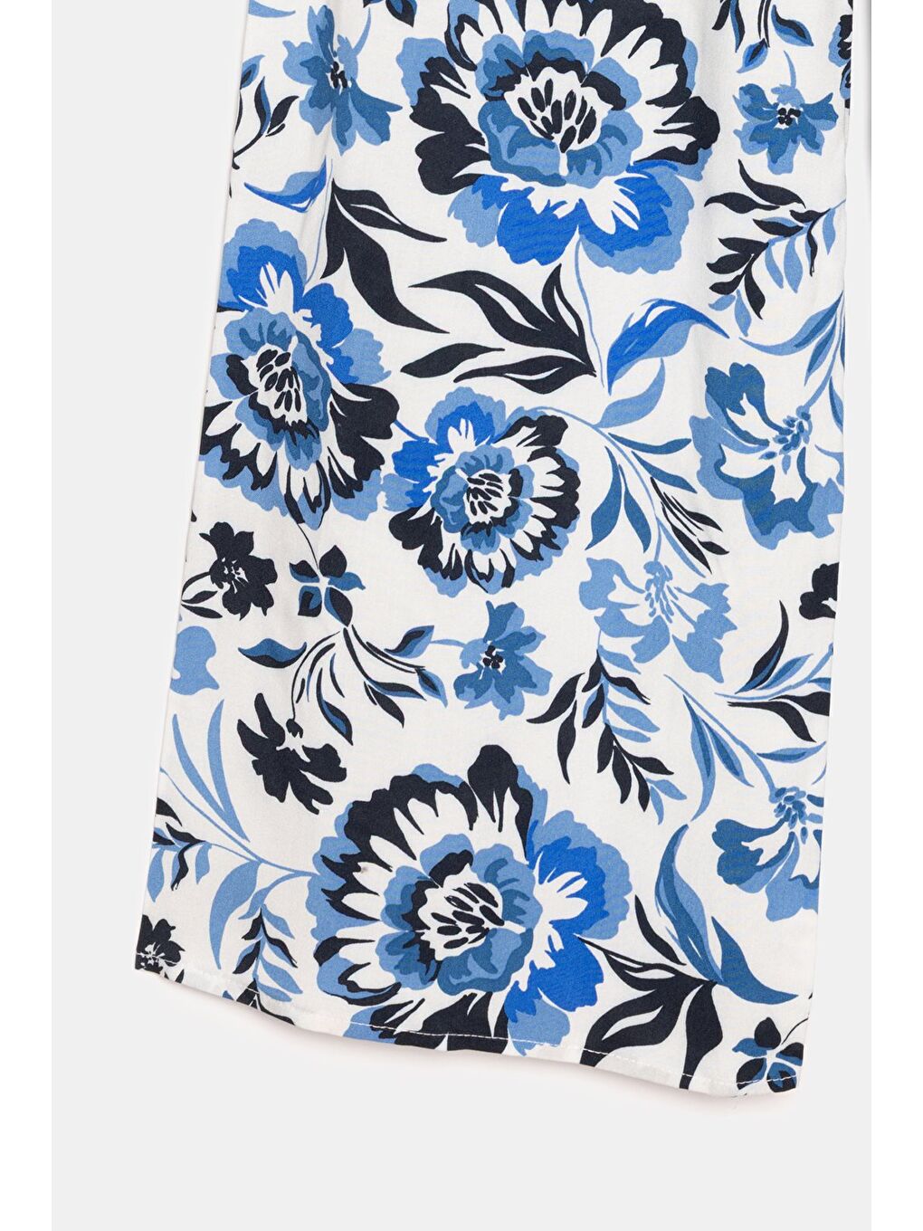 Mavi Çiçekli Kadın Desenli Beli Lastikli Bağlamalı Bol Paça Dokuma Pantolon - Viskon-4