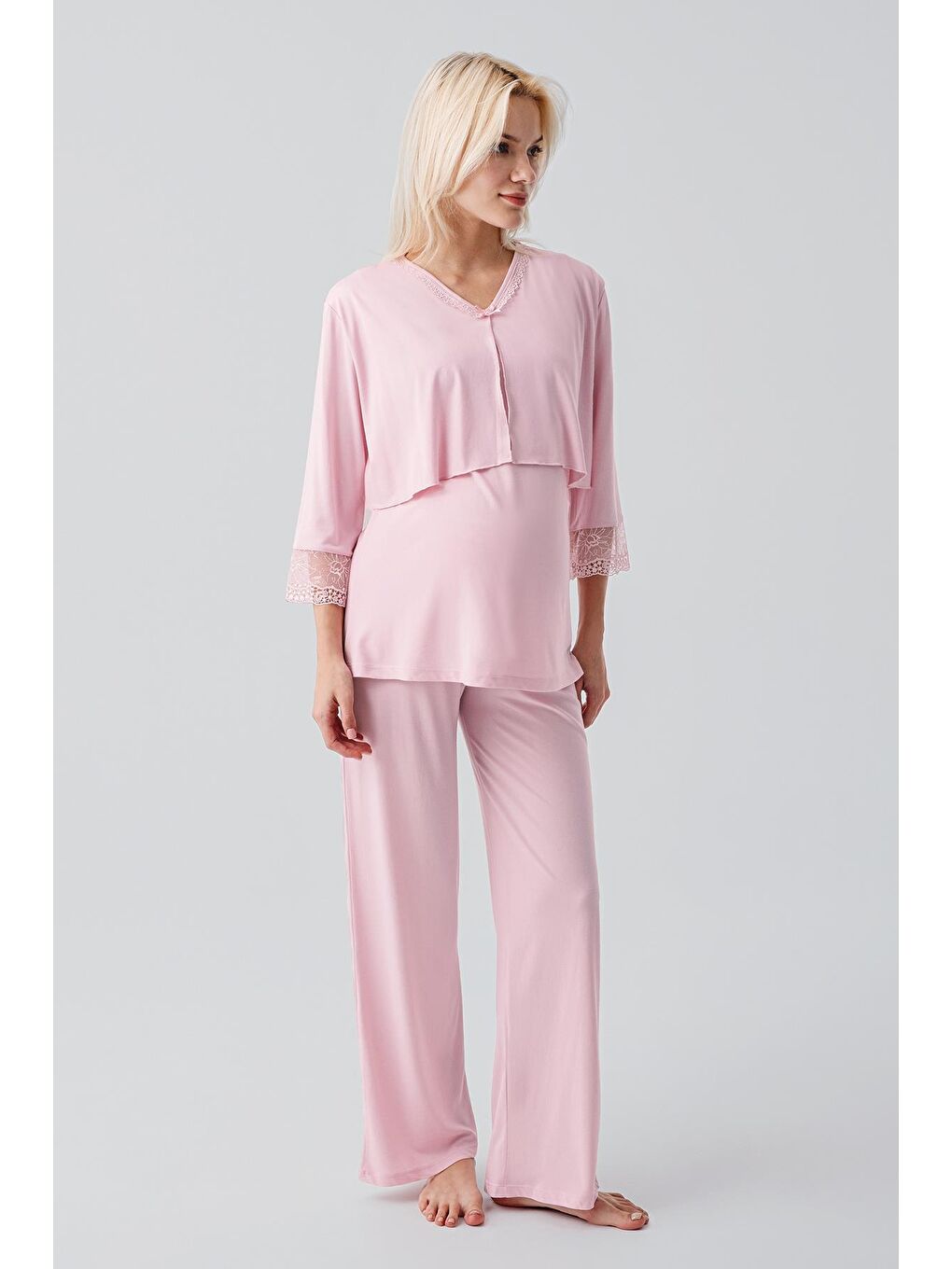 Pembe Truvakar Kollu Dantelli Düğmeli Esnek Viskoz Hamile Sabahlık Pijama Takım 19301-3