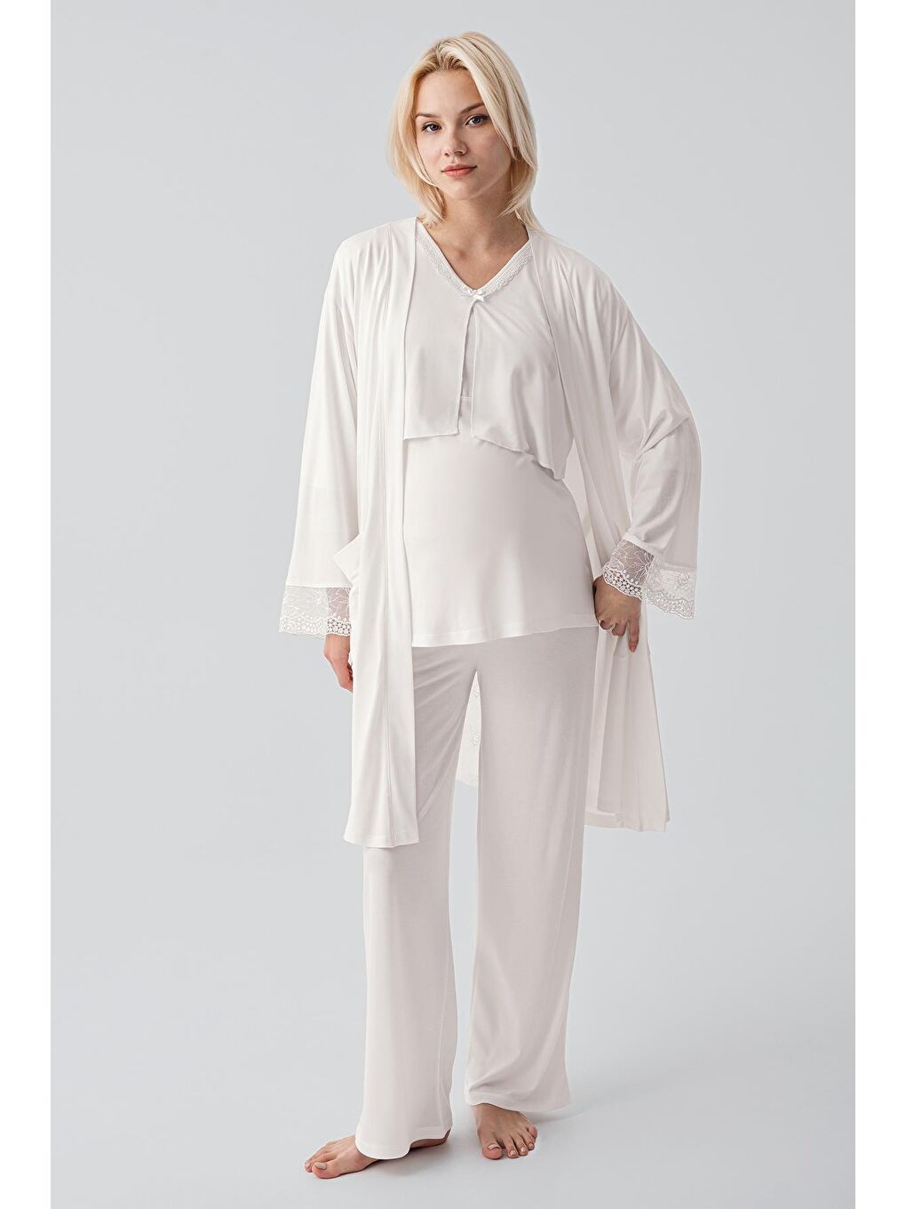 Ekru Truvakar Kollu Dantelli Düğmeli Esnek Viskoz Hamile Sabahlık Pijama Takım 19301