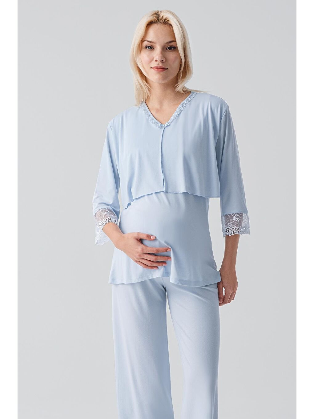 Mavi Truvakar Kollu Dantelli Düğmeli Esnek Viskoz Hamile Sabahlık Pijama Takım 19301-6