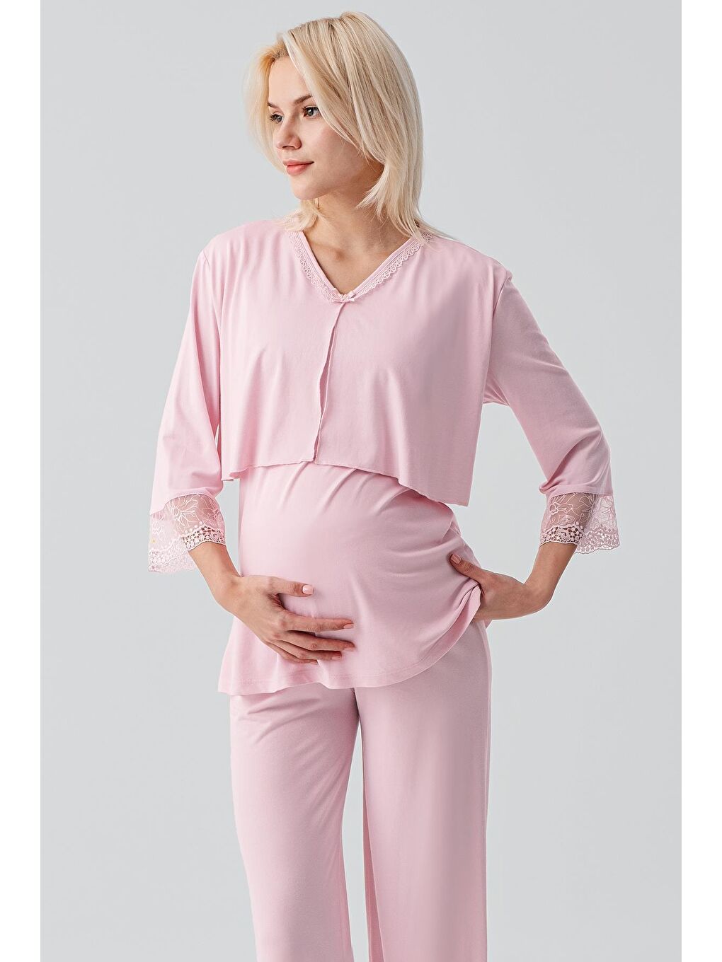 Pembe Truvakar Kollu Dantelli Düğmeli Esnek Viskoz Hamile Sabahlık Pijama Takım 19301-5