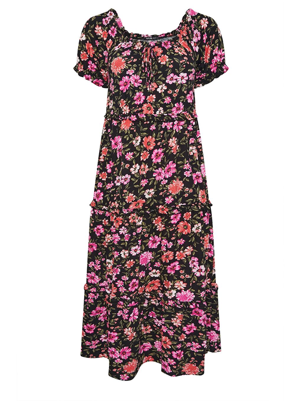 Karışık Büyük Beden Kısa Kollu Çiçek Desenli Yakası Büzgülü Maxi Elbise 270237-4