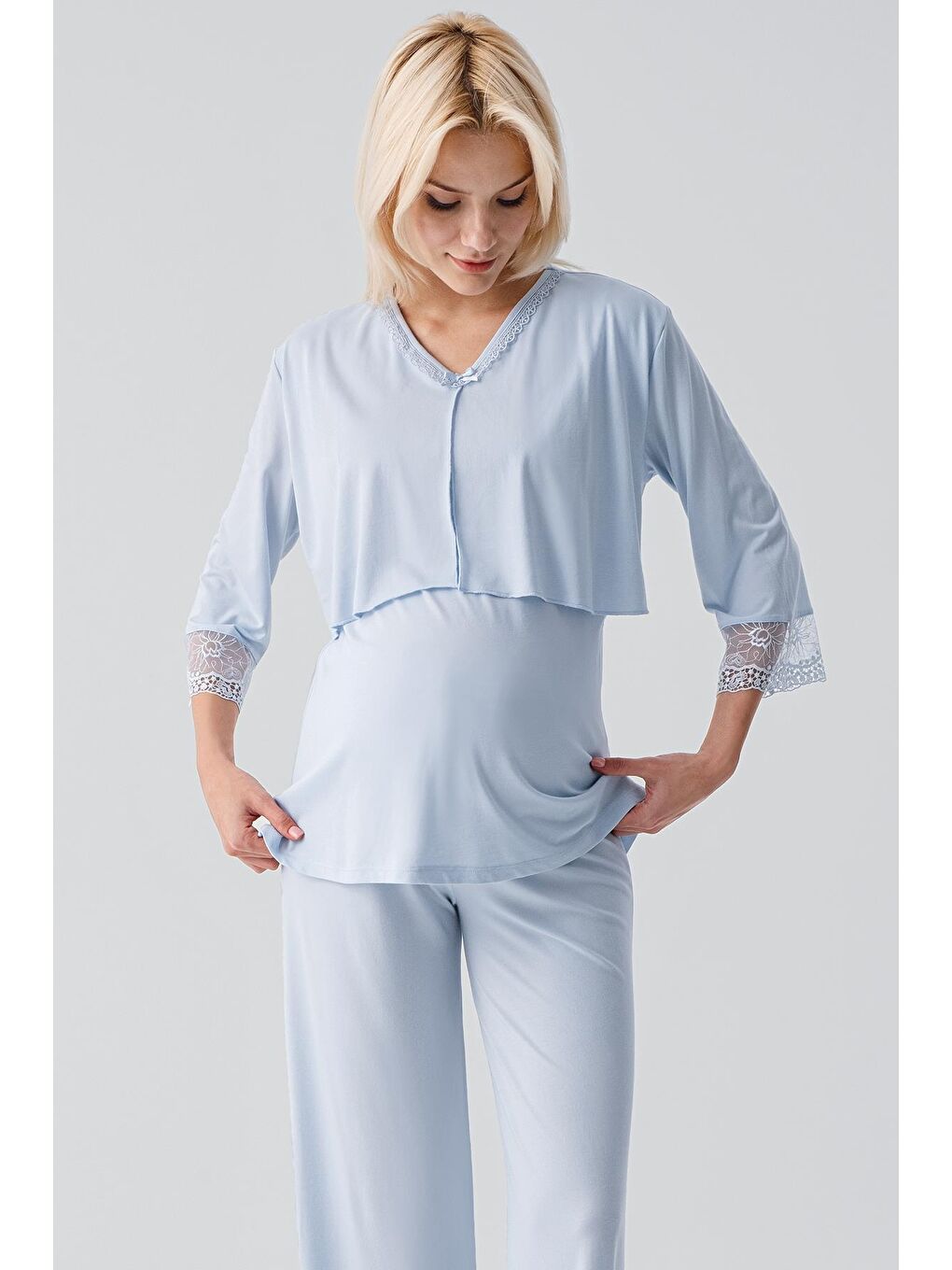 Mavi Truvakar Kollu Dantelli Düğmeli Esnek Viskoz Hamile Sabahlık Pijama Takım 19301-7