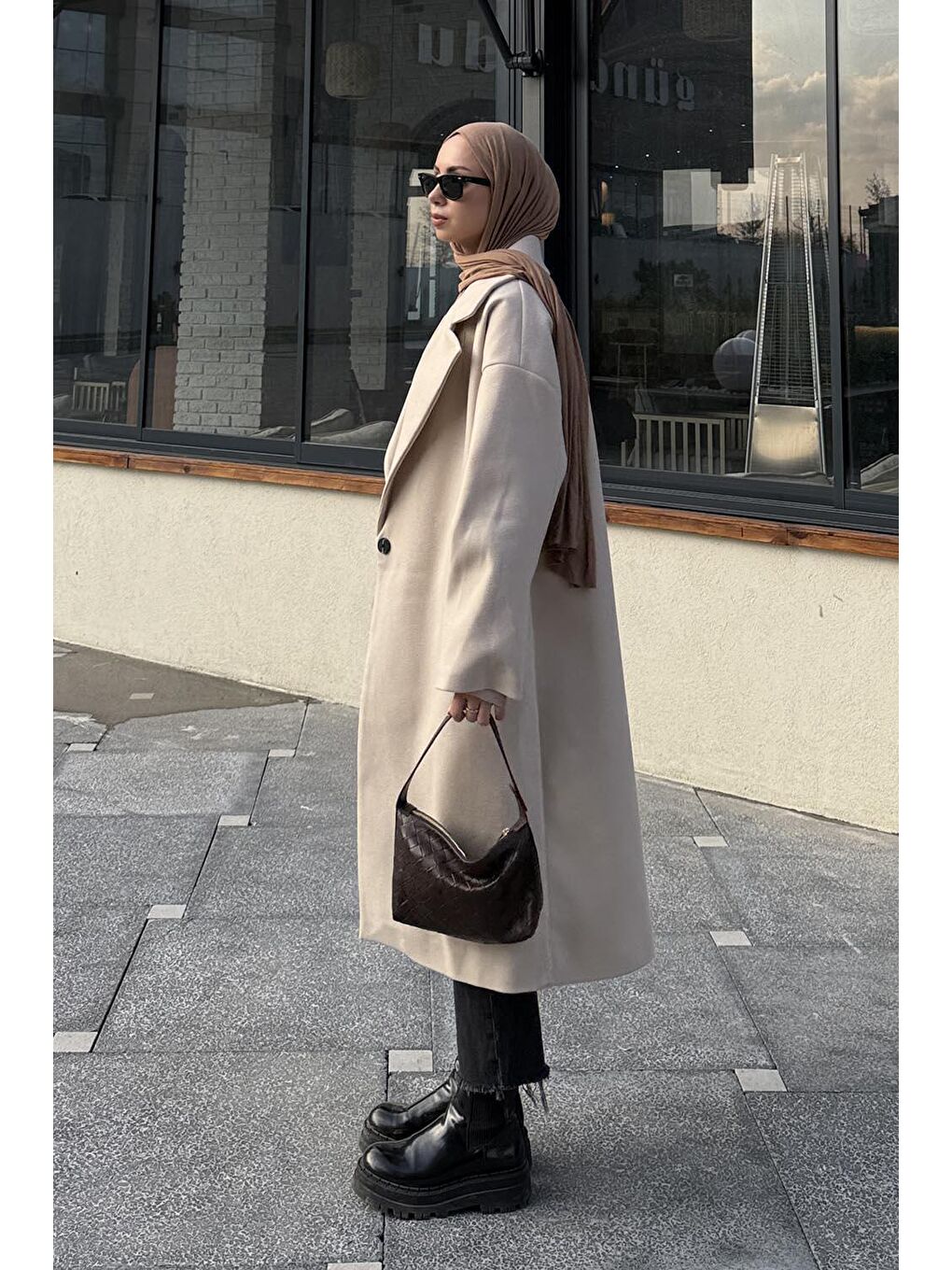 Ekru Tek Düğmeli Kaşe Kaban Krem-1