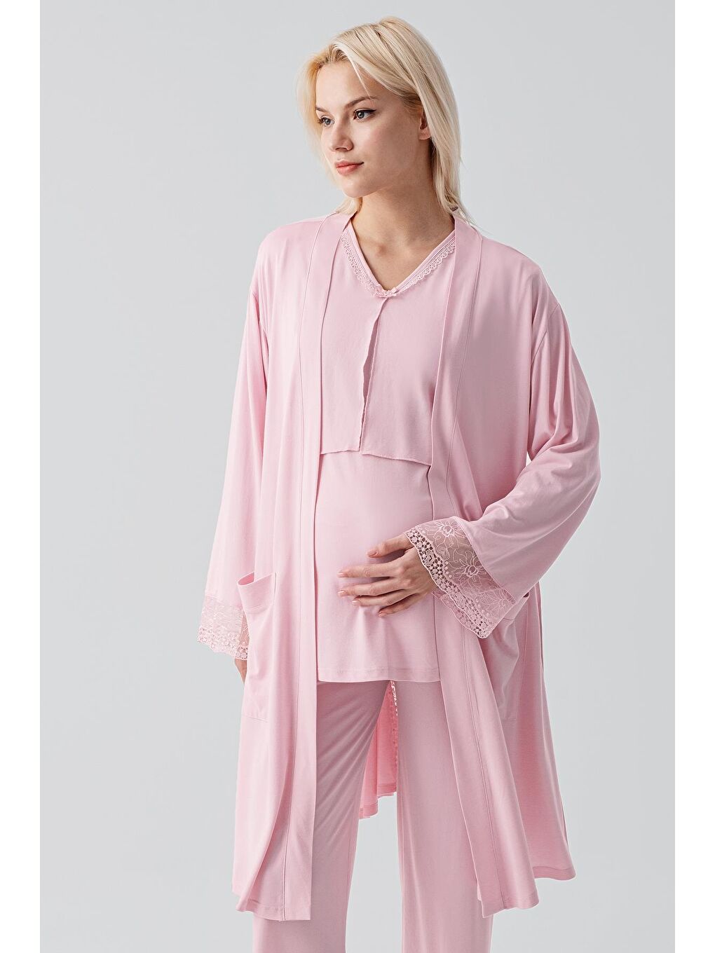 Pembe Truvakar Kollu Dantelli Düğmeli Esnek Viskoz Hamile Sabahlık Pijama Takım 19301-6