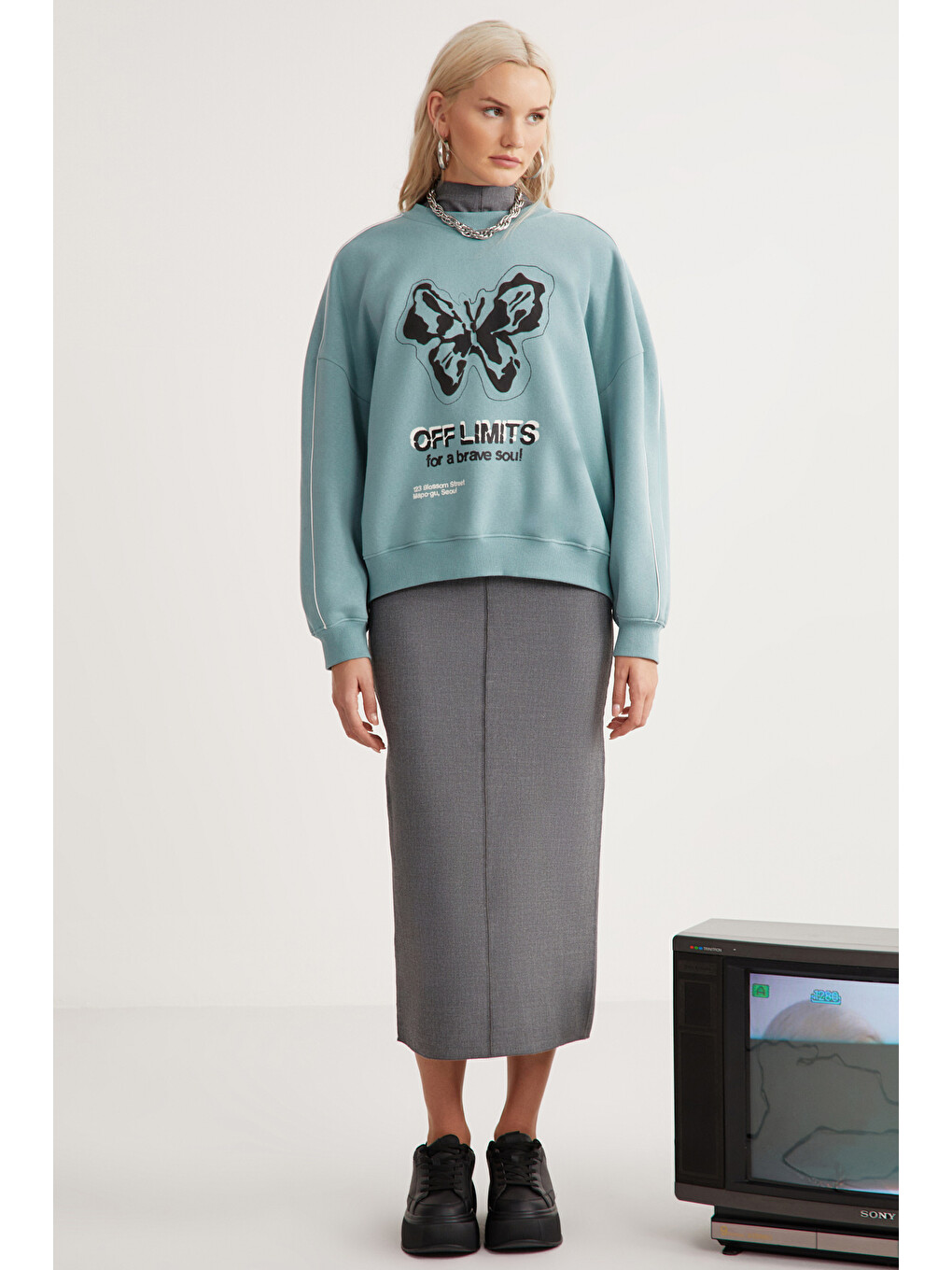 Raketı Kadın İçi Polarlı Yumuşacık Bisiklet Yaka Biye Ve Parça Baskılı Relaxed Yeşil Sweatshirt-1