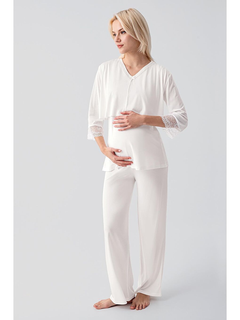 Ekru Truvakar Kollu Dantelli Düğmeli Esnek Viskoz Hamile Sabahlık Pijama Takım 19301-1