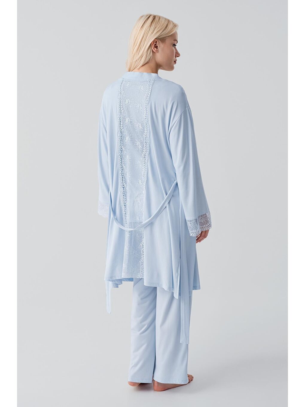 Mavi Truvakar Kollu Dantelli Düğmeli Esnek Viskoz Hamile Sabahlık Pijama Takım 19301-8