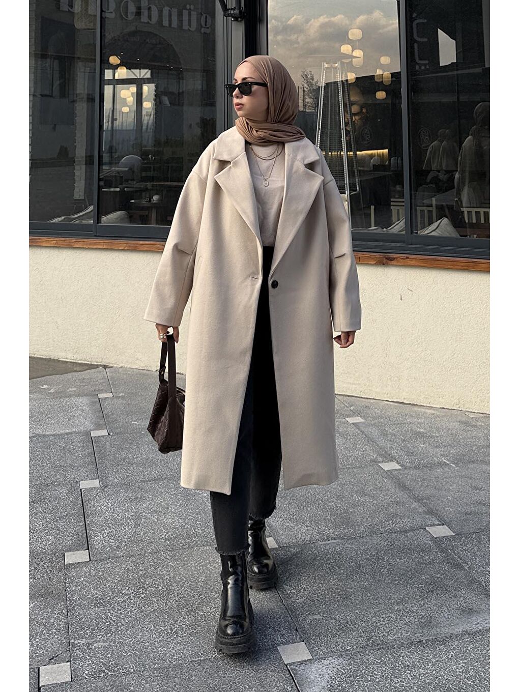 Ekru Tek Düğmeli Kaşe Kaban Krem-2