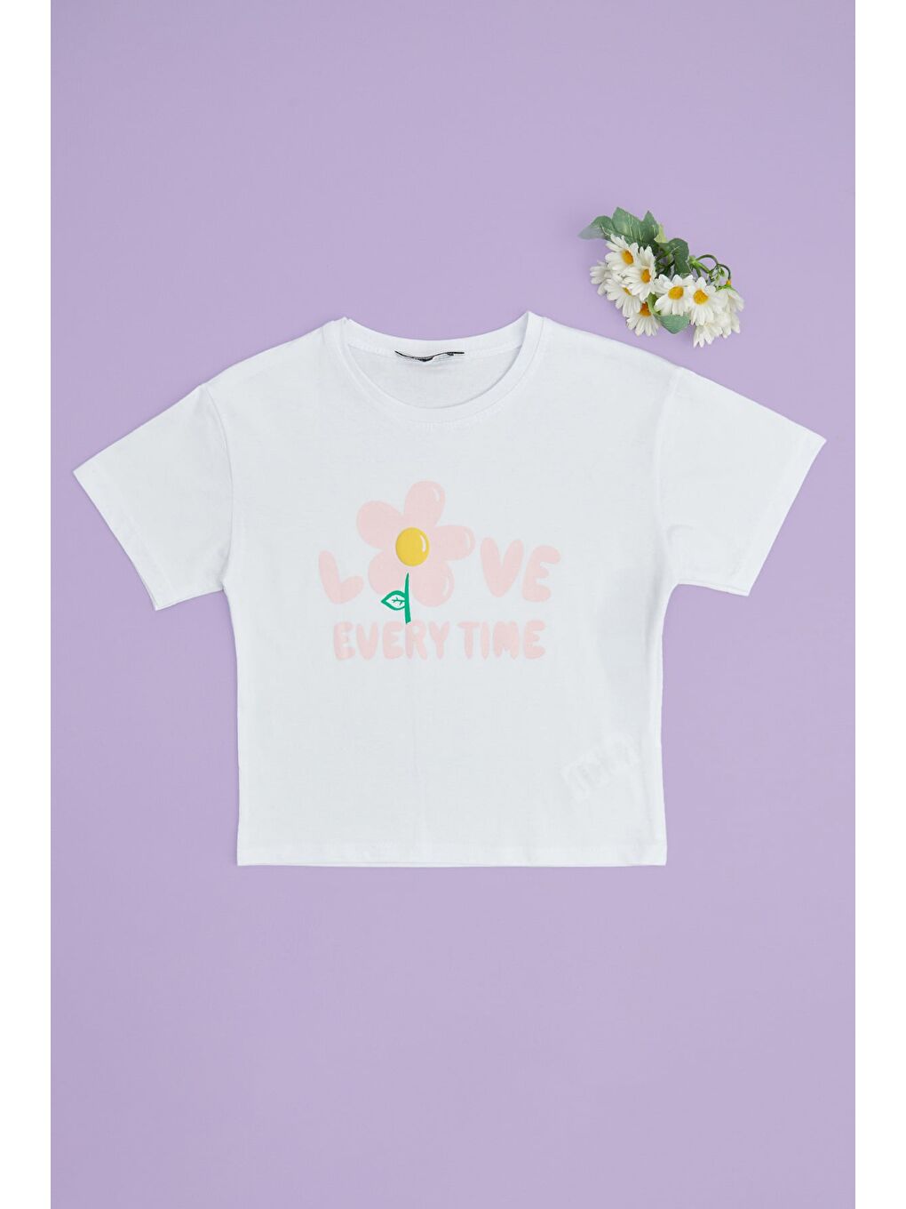 Beyaz Love Every Tıme Baskılı Kız Çocuk Crop Tişört