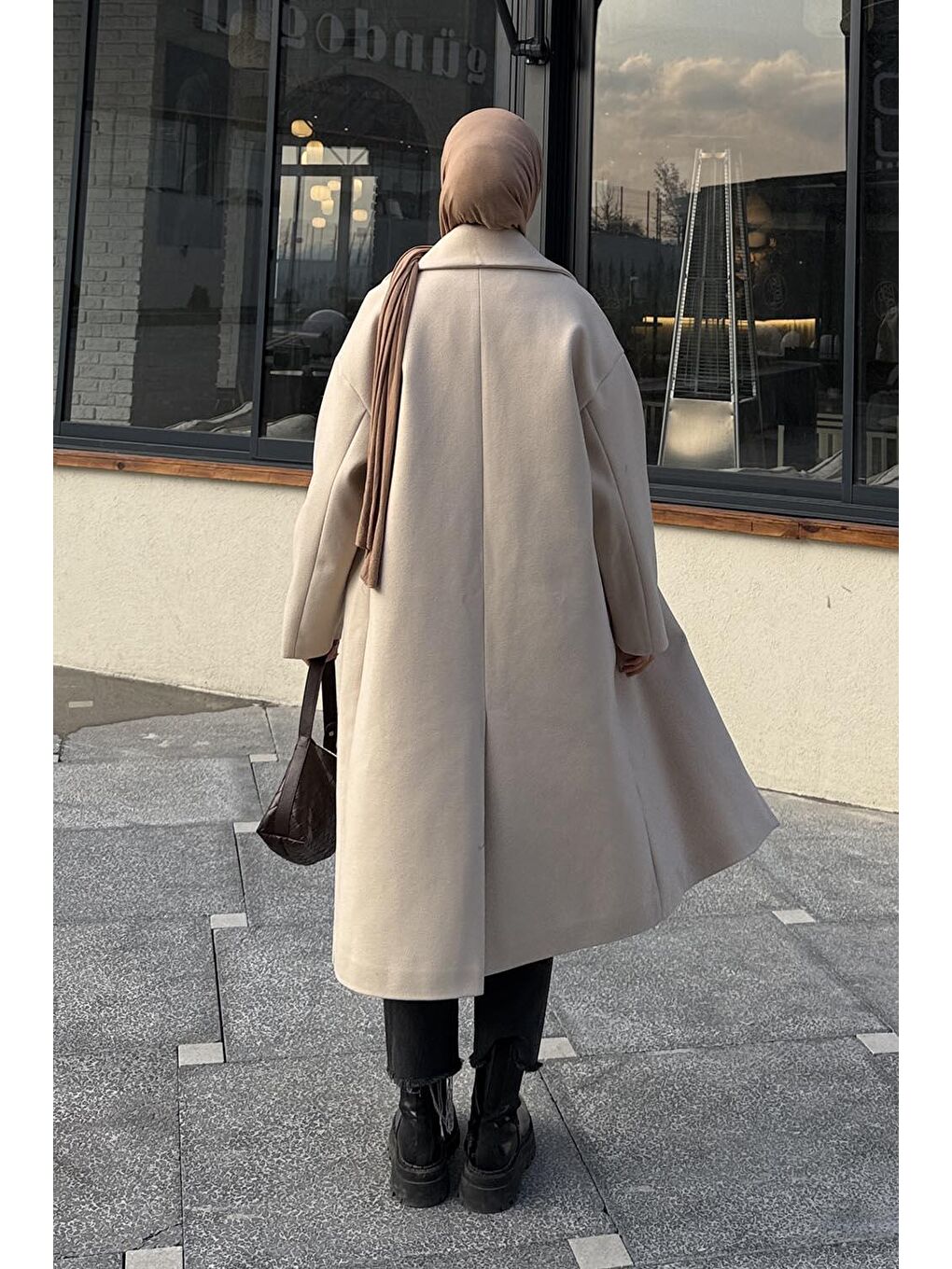 Ekru Tek Düğmeli Kaşe Kaban Krem-3