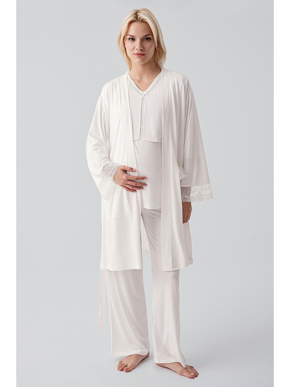 Ekru Truvakar Kollu Dantelli Düğmeli Esnek Viskoz Hamile Sabahlık Pijama Takım 19301-2