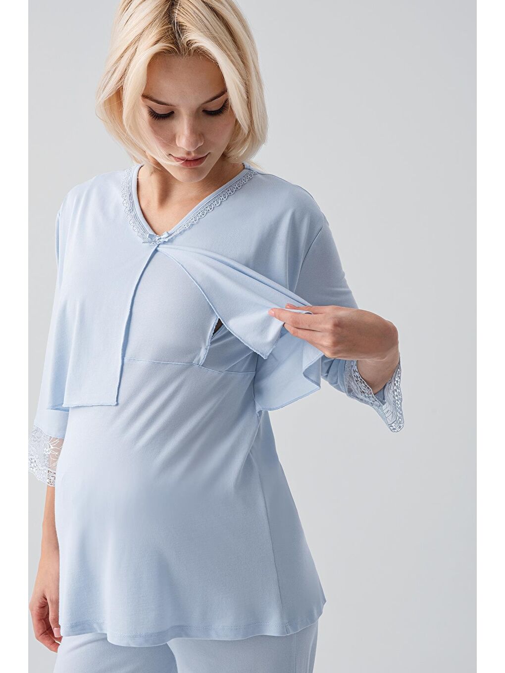Mavi Truvakar Kollu Dantelli Düğmeli Esnek Viskoz Hamile Sabahlık Pijama Takım 19301-9