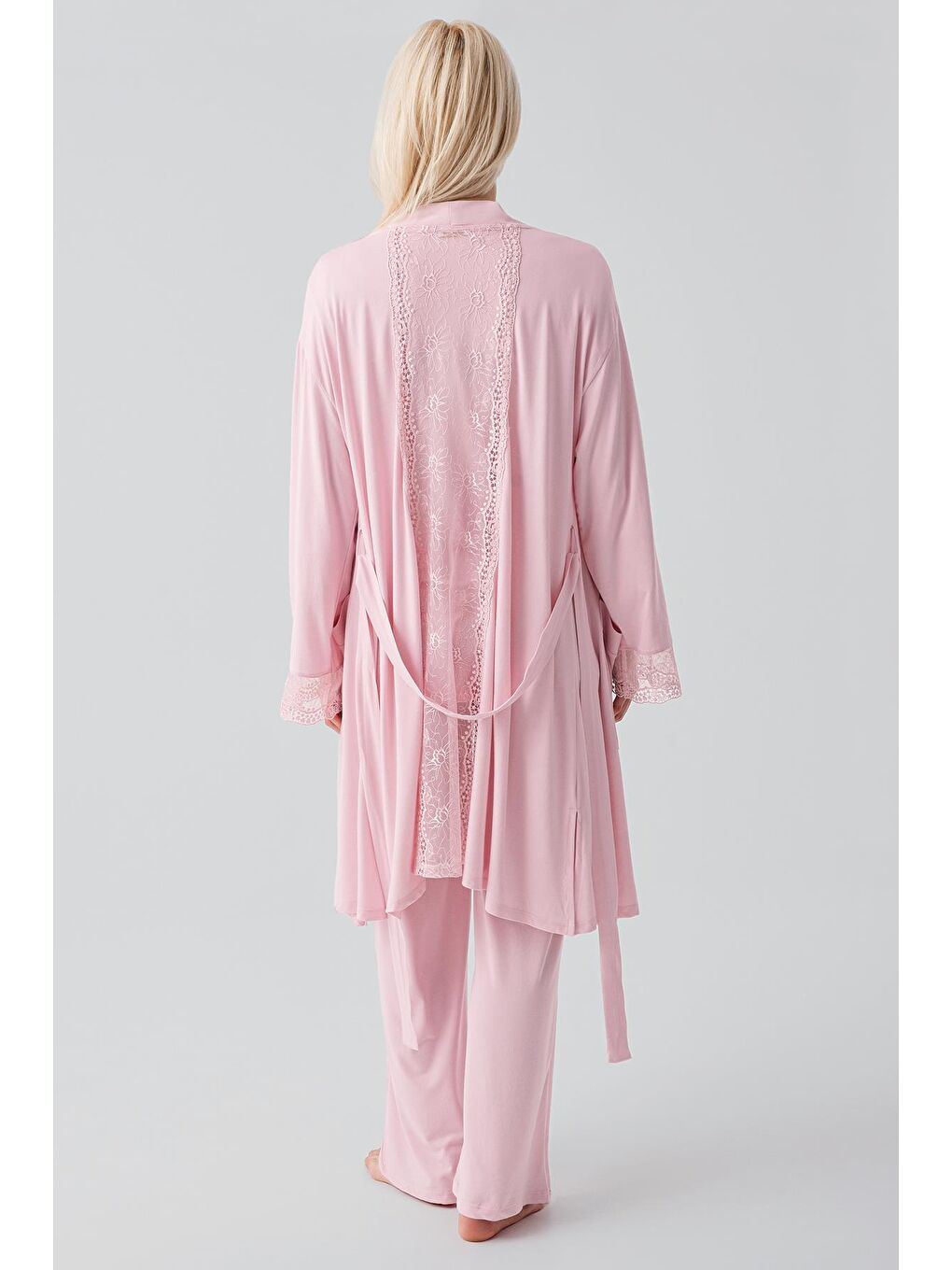 Pembe Truvakar Kollu Dantelli Düğmeli Esnek Viskoz Hamile Sabahlık Pijama Takım 19301-8
