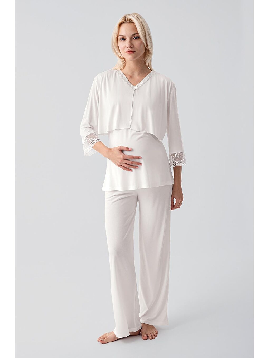 Ekru Truvakar Kollu Dantelli Düğmeli Esnek Viskoz Hamile Sabahlık Pijama Takım 19301-3
