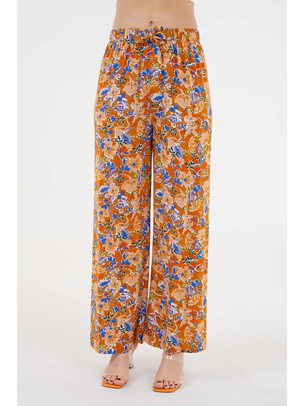 Kahverengi Kamel Kadın Desenli Beli Lastikli Bağlamalı Bol Paça Dokuma Pantolon - Viskon-3