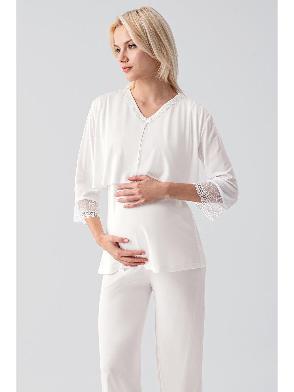 Ekru Truvakar Kollu Dantelli Düğmeli Esnek Viskoz Hamile Sabahlık Pijama Takım 19301-7