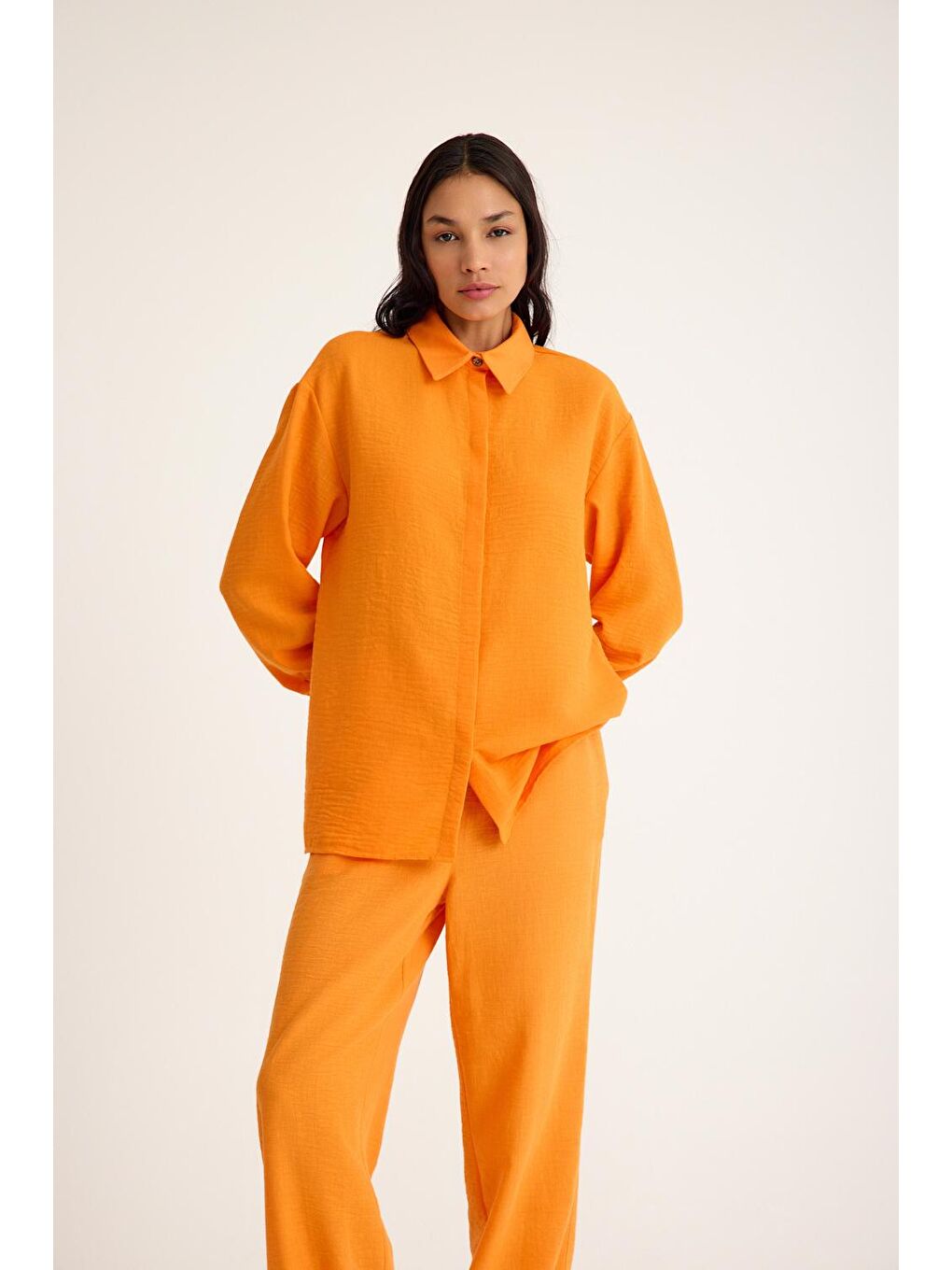 Gömlek Yaka Keten Dokulu Turuncu Tunik-1