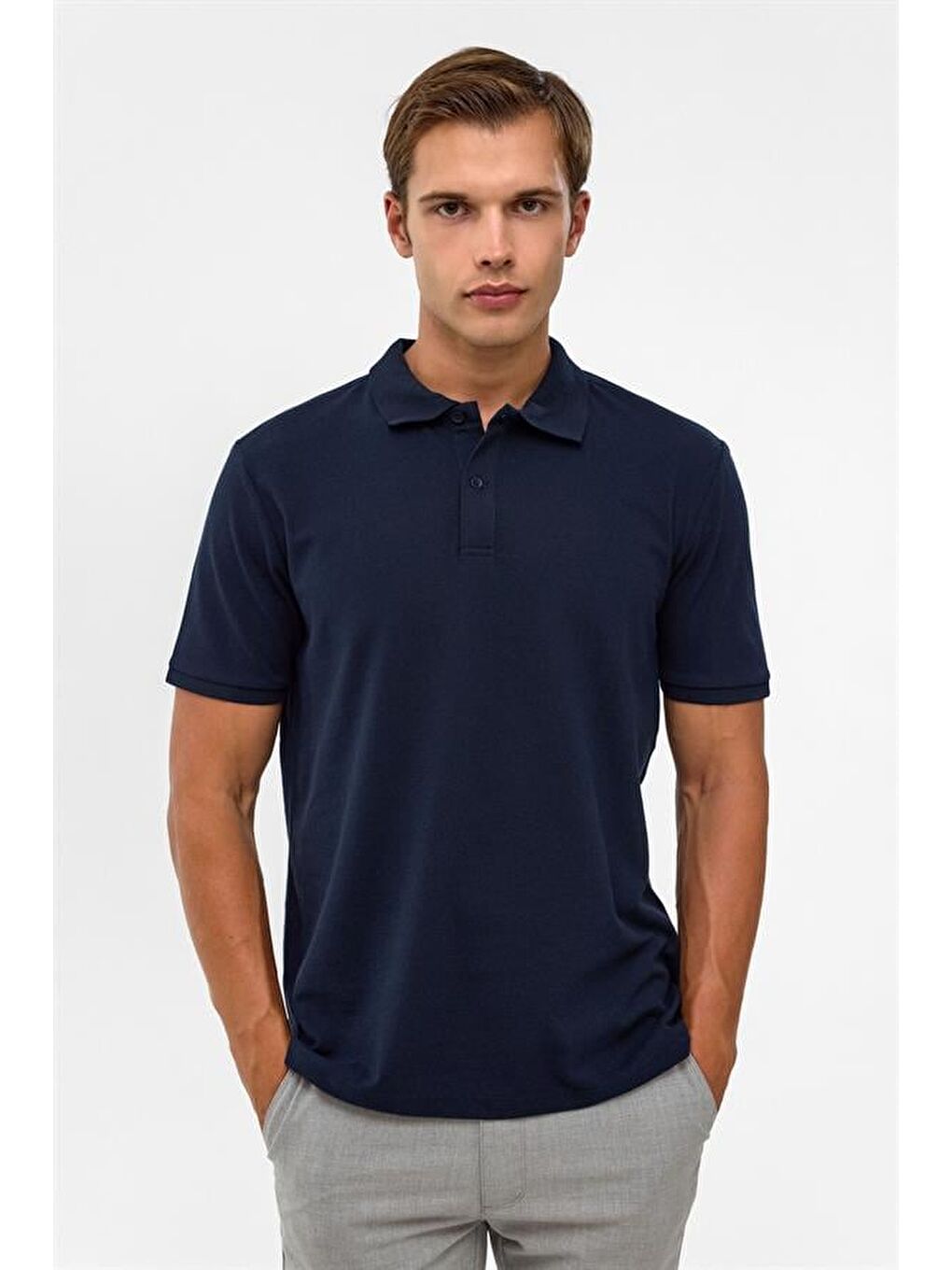 Lacivert Regular Armürlü Polo Yaka Tişört-1