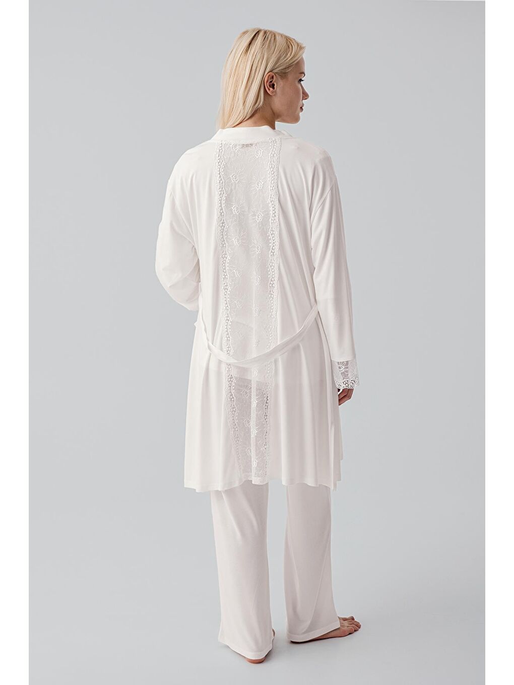 Ekru Truvakar Kollu Dantelli Düğmeli Esnek Viskoz Hamile Sabahlık Pijama Takım 19301-8