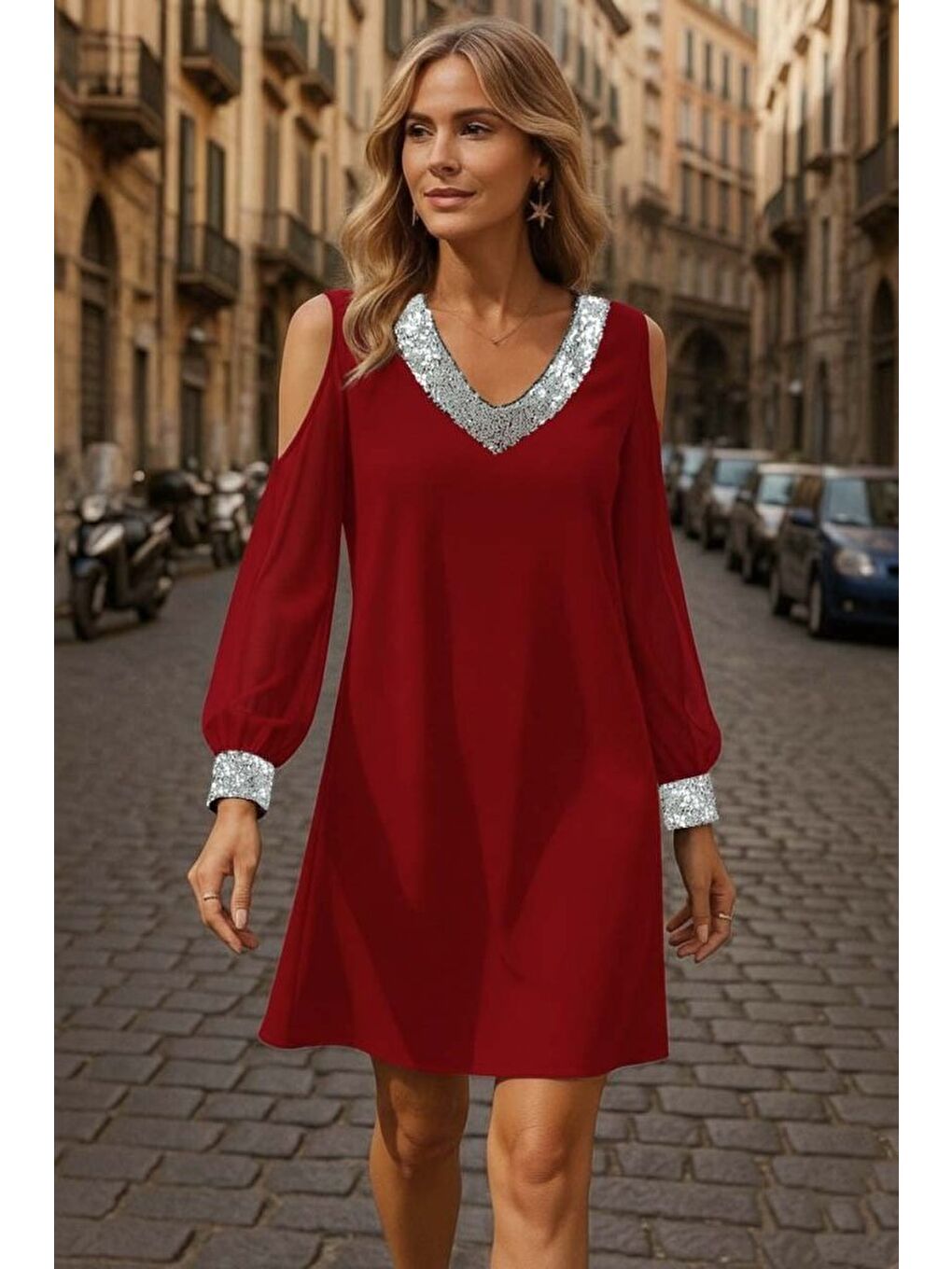 Kırmızı Kadın Uzun Kollu Kollar Tül V Yakalı Mini Janjan Krep Elbise
