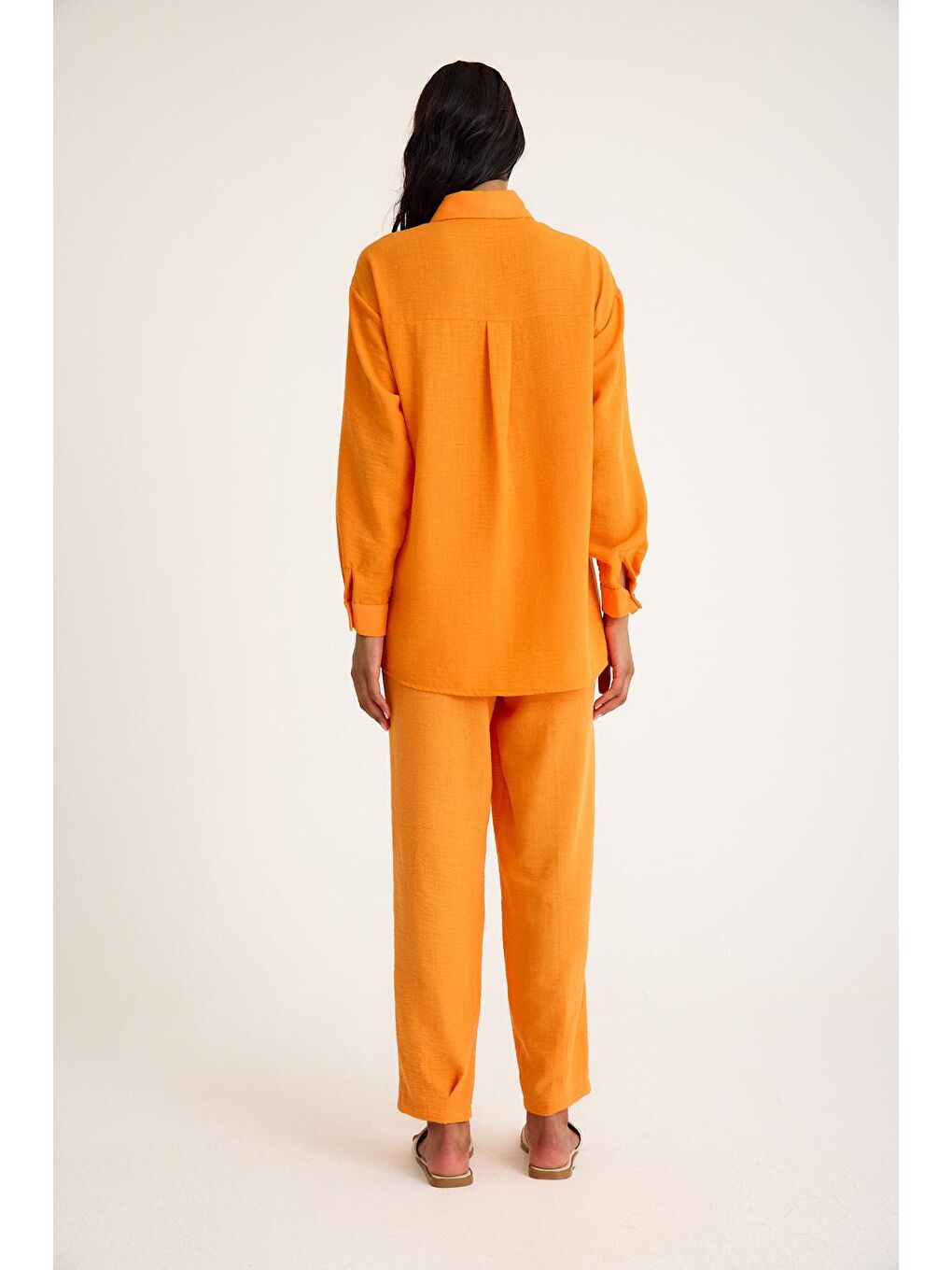 Gömlek Yaka Keten Dokulu Turuncu Tunik-2