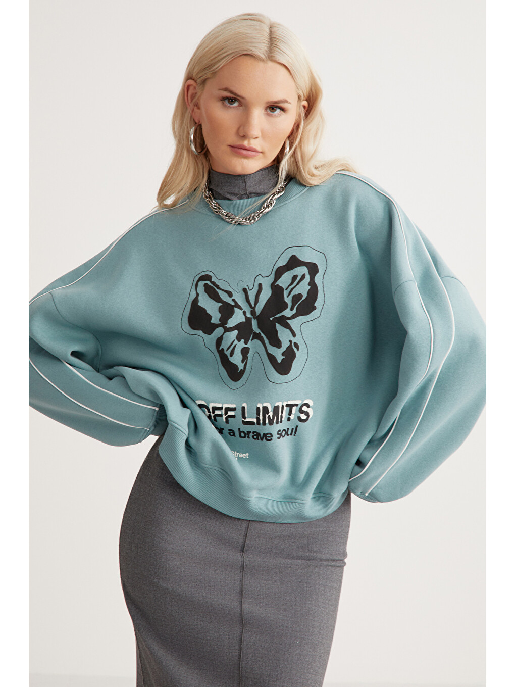 Raketı Kadın İçi Polarlı Yumuşacık Bisiklet Yaka Biye Ve Parça Baskılı Relaxed Yeşil Sweatshirt-2