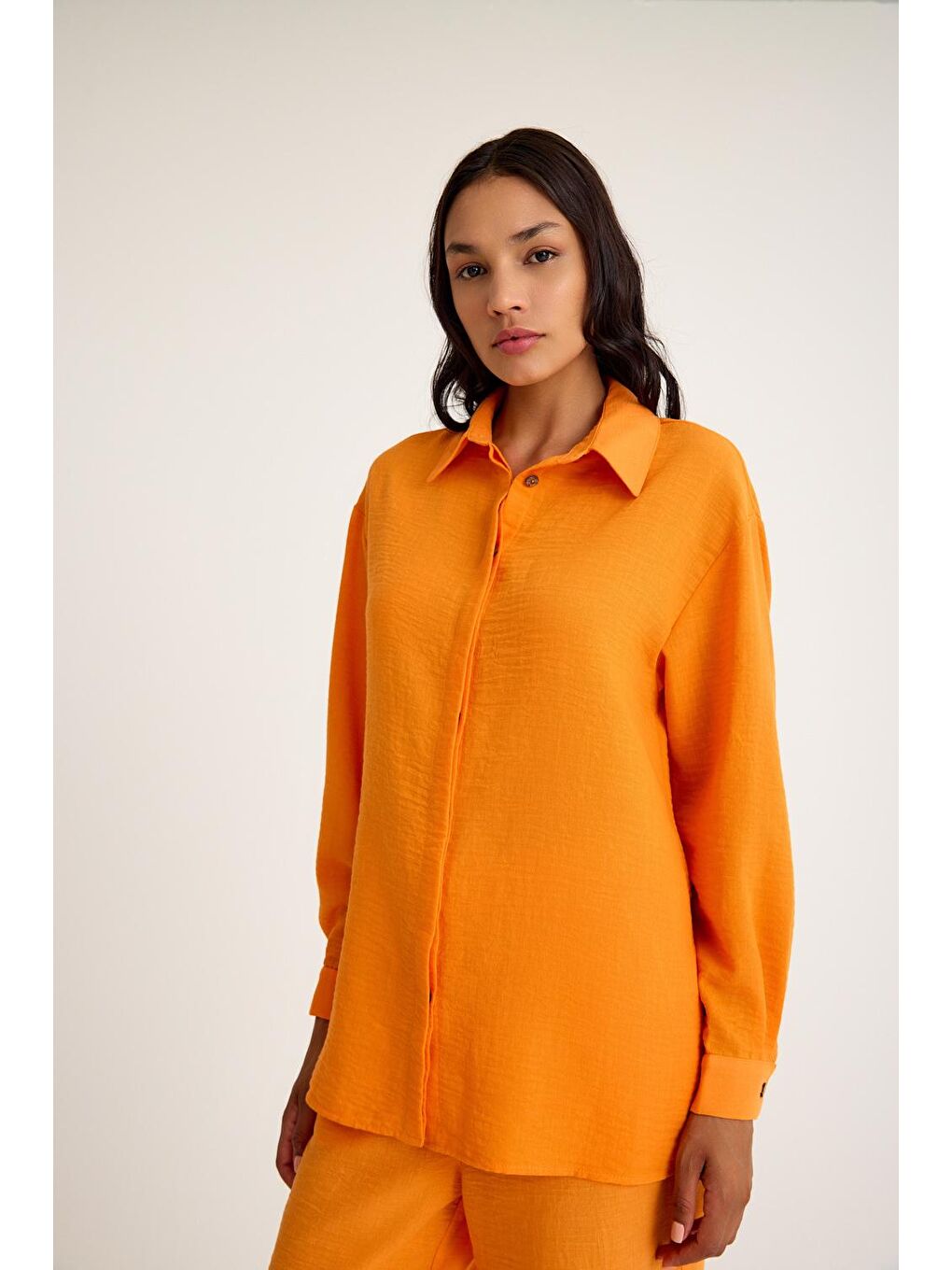 Gömlek Yaka Keten Dokulu Turuncu Tunik-3