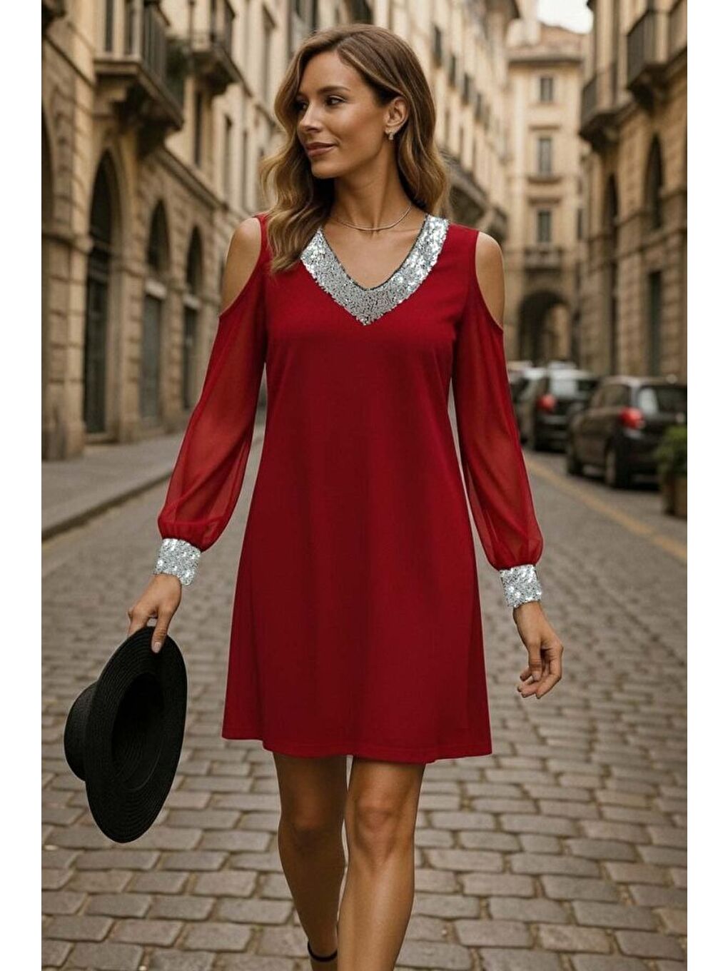 Kırmızı Kadın Uzun Kollu Kollar Tül V Yakalı Mini Janjan Krep Elbise-1