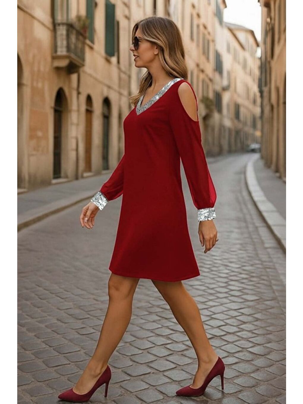 Kırmızı Kadın Uzun Kollu Kollar Tül V Yakalı Mini Janjan Krep Elbise-2