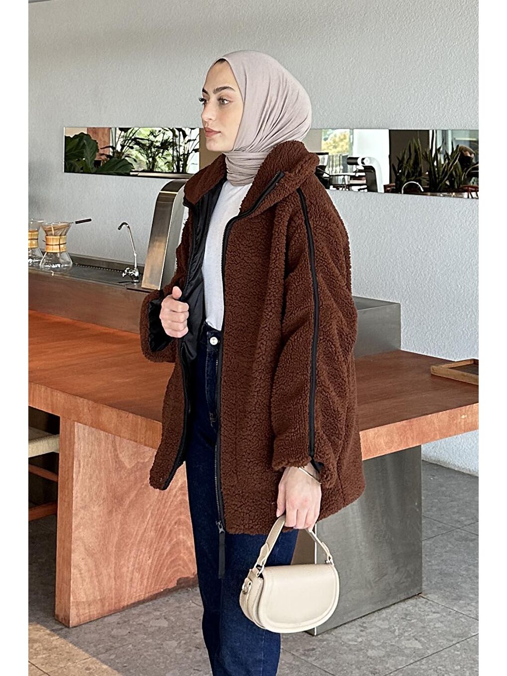 Biye Detaylı Tedy Pelüş Mont Acı Kahverengi-1