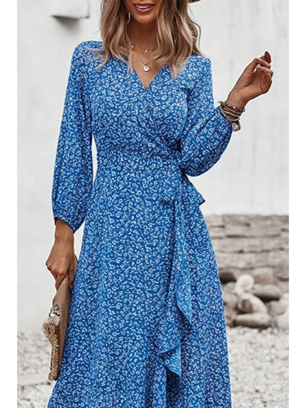 Mavi Kadın Uzun Kollu Kruvaze Yaka Yandan Bağlamalı önden Fırfır Detaylı Süprem Uzun Elbise-1