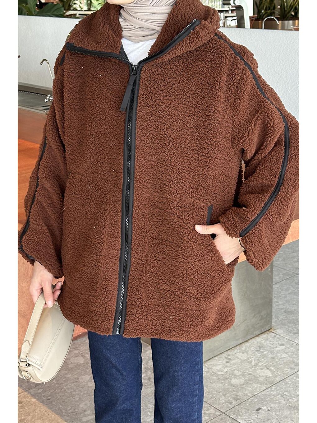 Biye Detaylı Tedy Pelüş Mont Acı Kahverengi-2