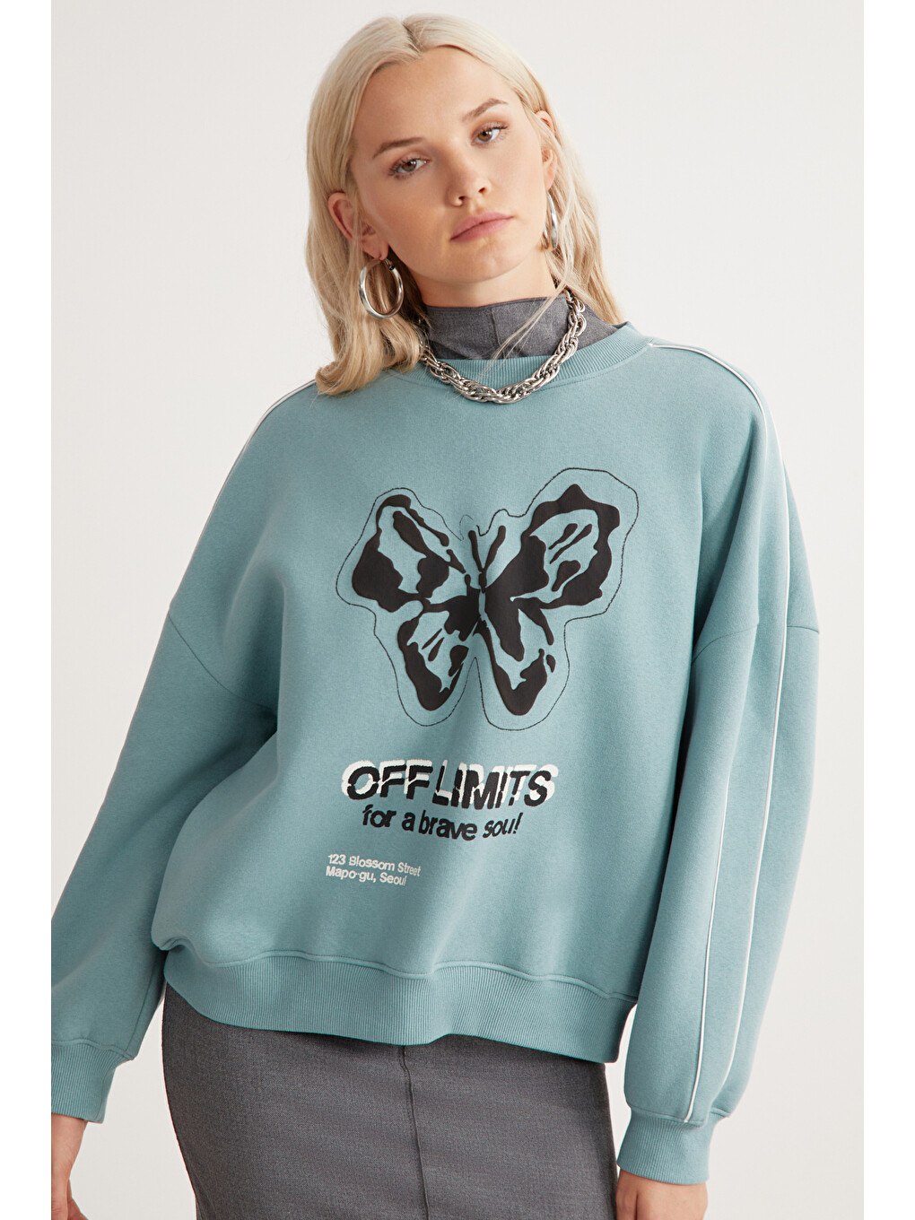 Raketı Kadın İçi Polarlı Yumuşacık Bisiklet Yaka Biye Ve Parça Baskılı Relaxed Yeşil Sweatshirt-3