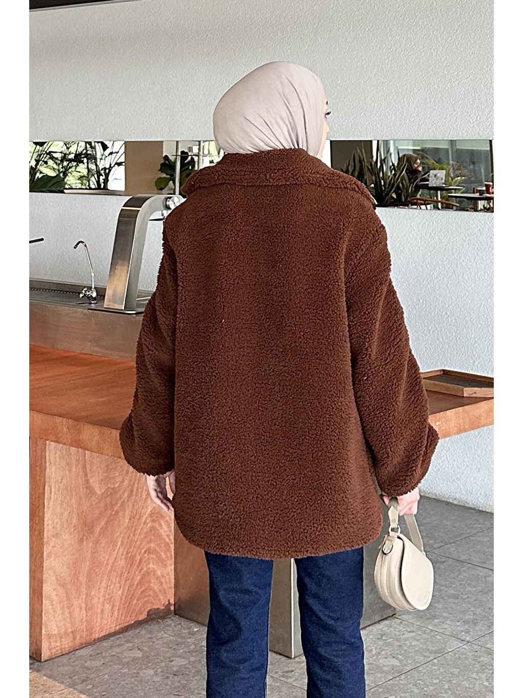 Biye Detaylı Tedy Pelüş Mont Acı Kahverengi-3